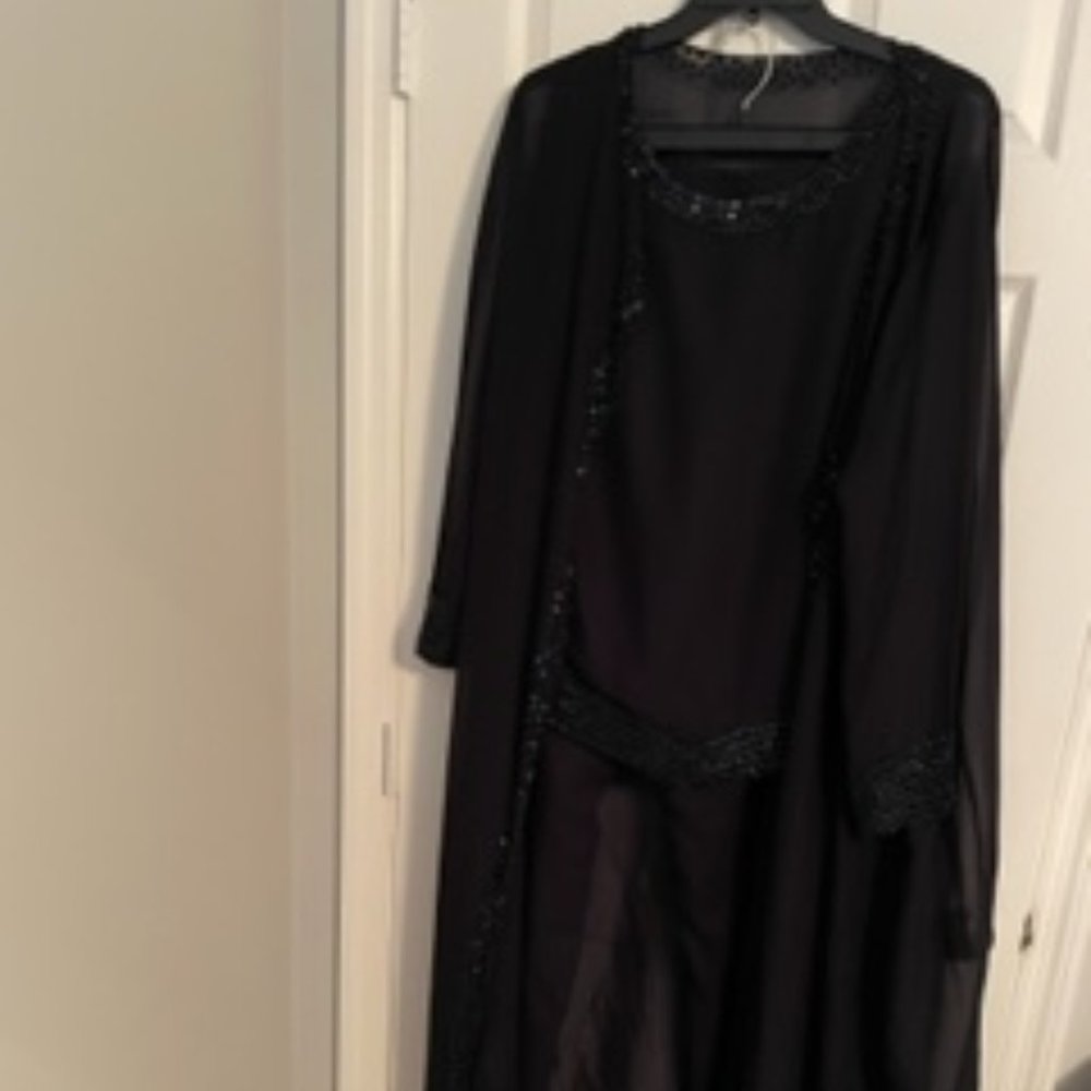 custom	evening wear dark navy Sheer duster with matching sleeveless top and pant